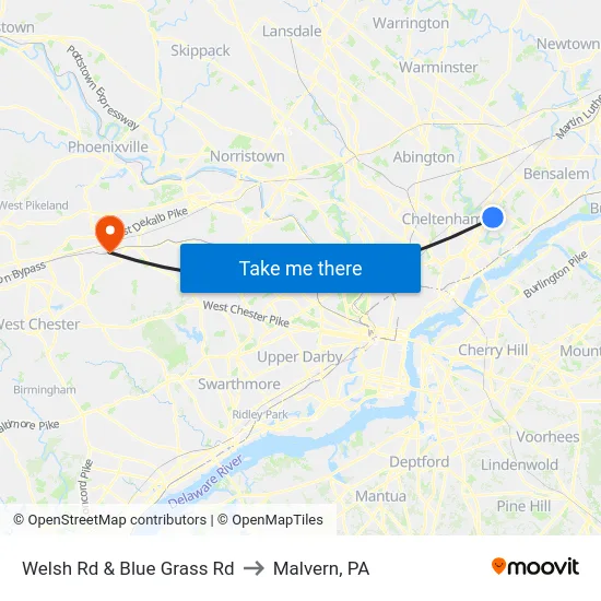 Welsh Rd & Blue Grass Rd to Malvern, PA map