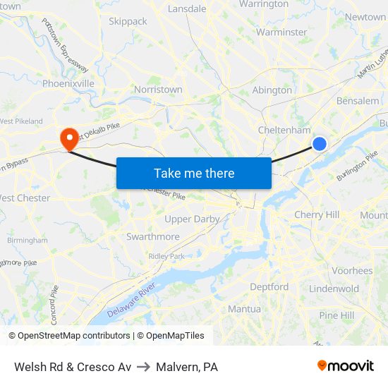 Welsh Rd & Cresco Av to Malvern, PA map