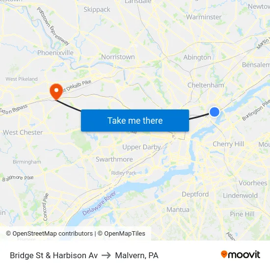 Bridge St & Harbison Av to Malvern, PA map
