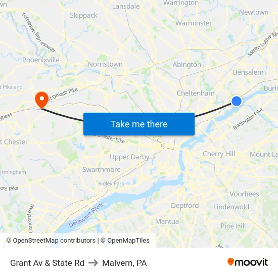 Grant Av & State Rd to Malvern, PA map