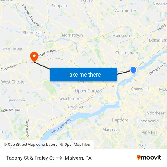 Tacony St & Fraley St to Malvern, PA map