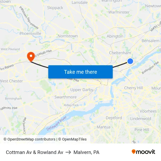 Cottman Av & Rowland Av to Malvern, PA map
