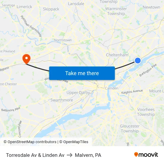 Torresdale Av & Linden Av to Malvern, PA map
