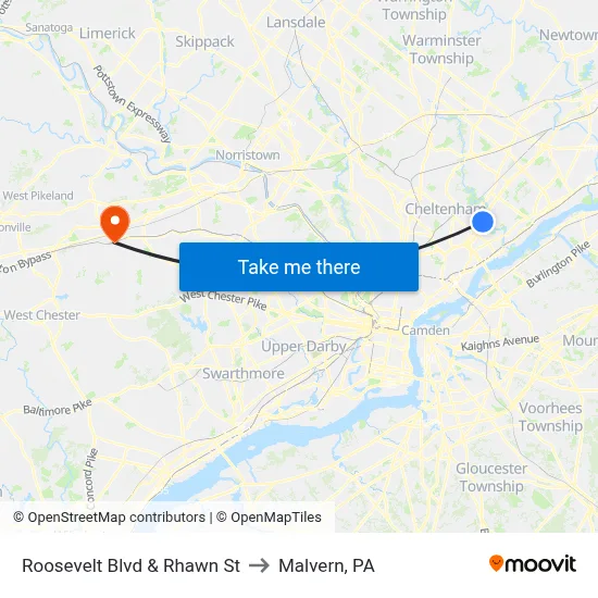 Roosevelt Blvd & Rhawn St to Malvern, PA map