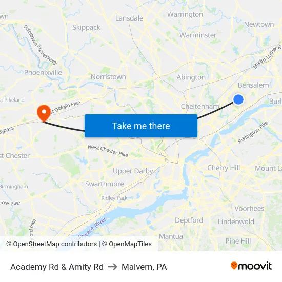 Academy Rd & Amity Rd to Malvern, PA map