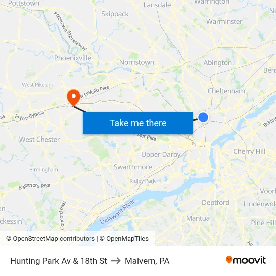 Hunting Park Av & 18th St to Malvern, PA map