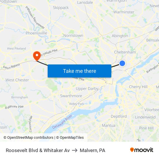 Roosevelt Blvd & Whitaker Av to Malvern, PA map