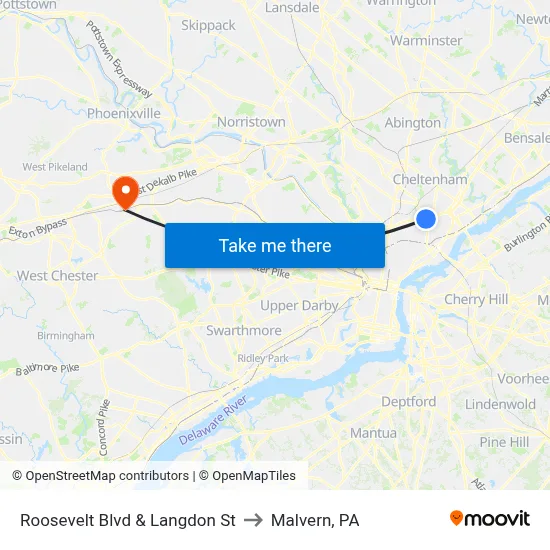 Roosevelt Blvd & Langdon St to Malvern, PA map