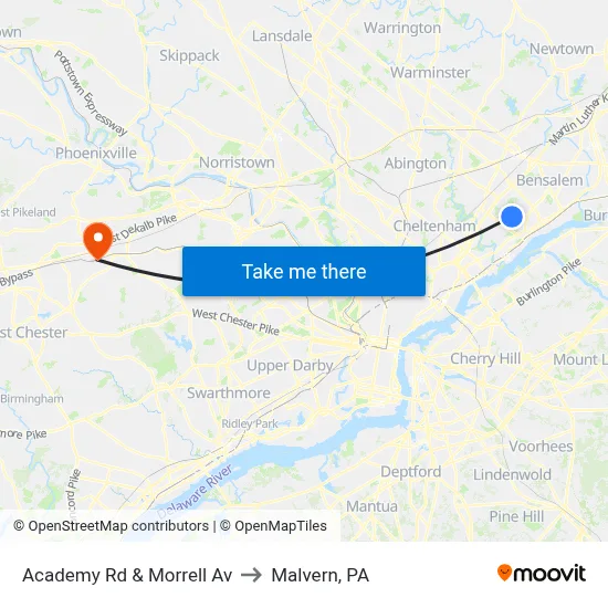 Academy Rd & Morrell Av to Malvern, PA map