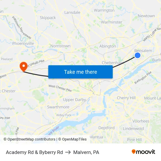 Academy Rd & Byberry Rd to Malvern, PA map