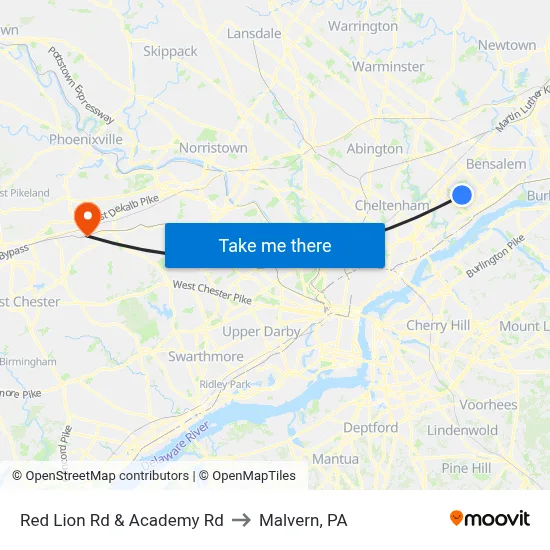 Red Lion Rd & Academy Rd to Malvern, PA map