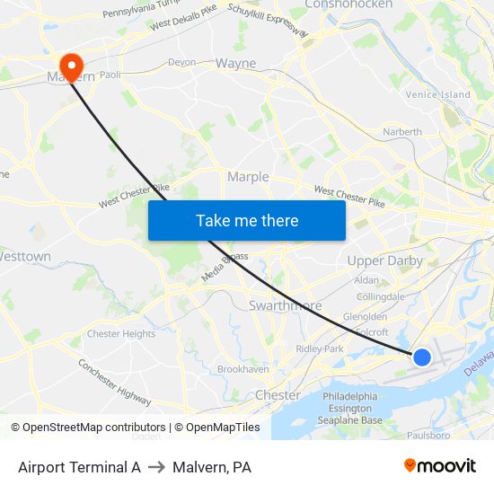 Airport Terminal A to Malvern, PA map