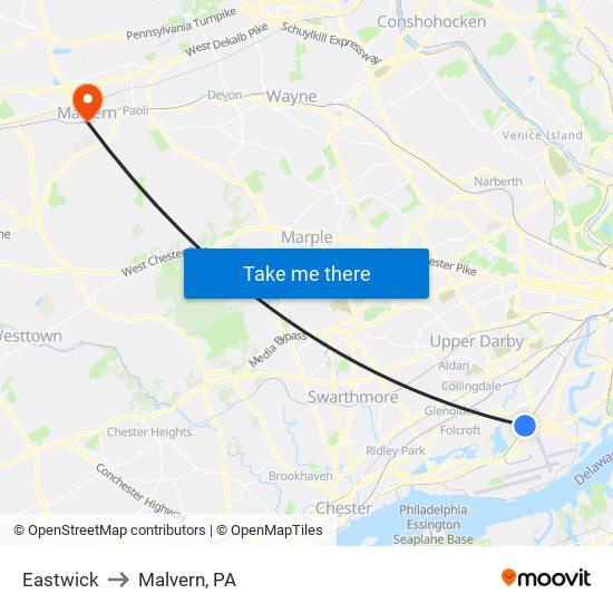 Eastwick to Malvern, PA map