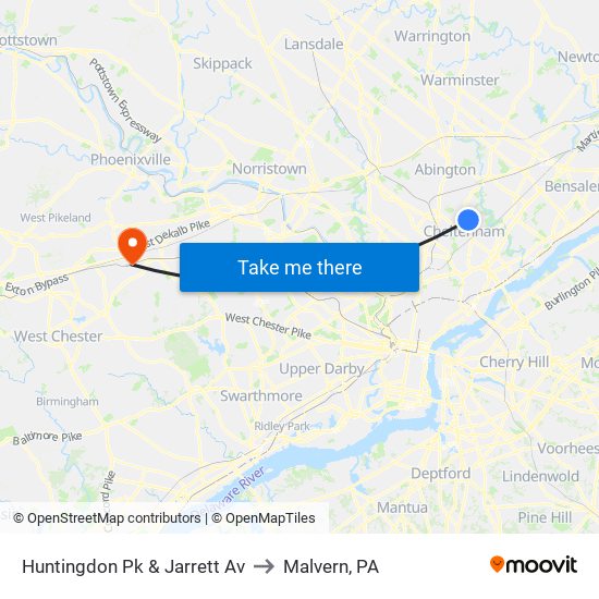 Huntingdon Pk & Jarrett Av to Malvern, PA map