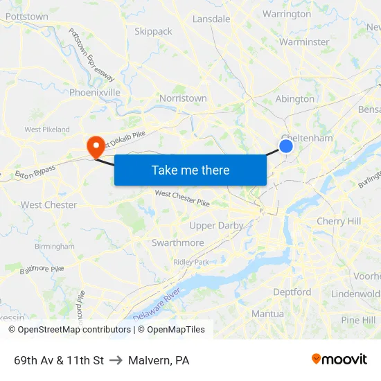 69th Av & 11th St to Malvern, PA map