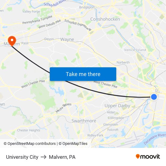 University City to Malvern, PA map