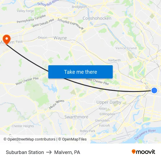 Suburban Station to Malvern, PA map