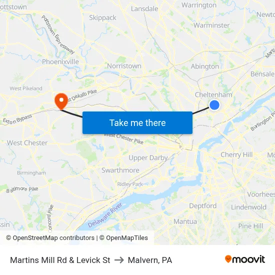 Martins Mill Rd & Levick St to Malvern, PA map
