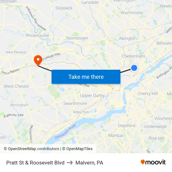 Pratt St & Roosevelt Blvd to Malvern, PA map