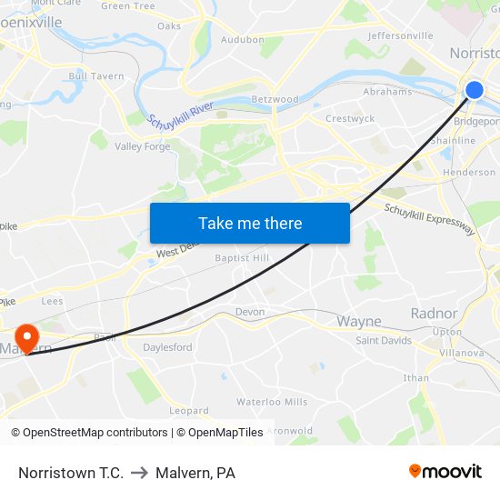 Norristown T.C. to Malvern, PA map