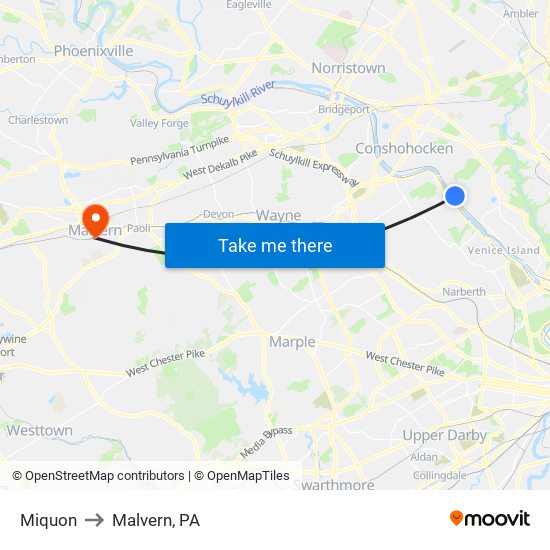 Miquon to Malvern, PA map