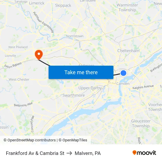 Frankford Av & Cambria St to Malvern, PA map