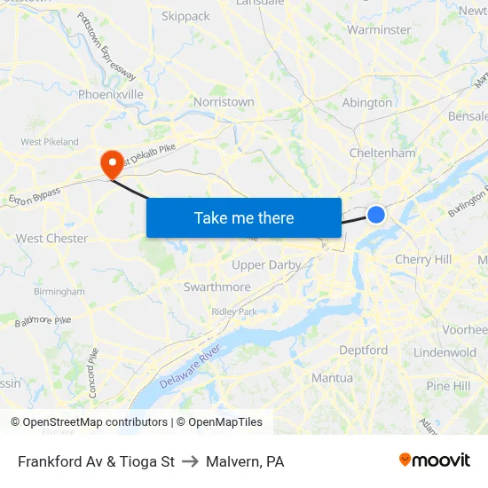 Frankford Av & Tioga St to Malvern, PA map