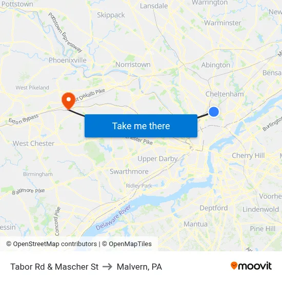 Tabor Rd & Mascher St to Malvern, PA map