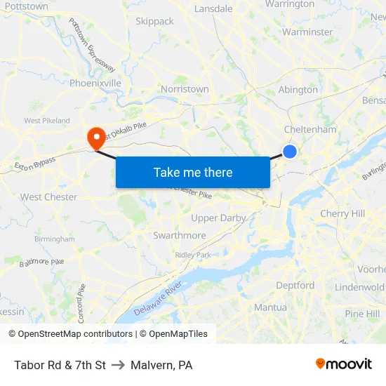 Tabor Rd & 7th St to Malvern, PA map