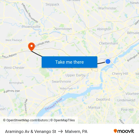 Aramingo Av & Venango St to Malvern, PA map