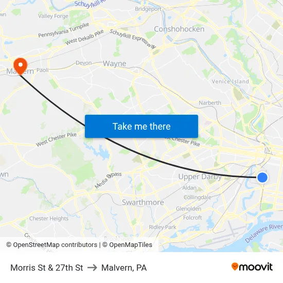 Morris St & 27th St to Malvern, PA map