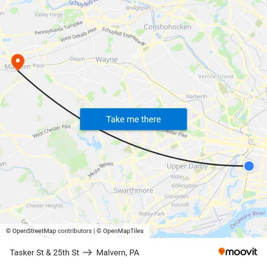 Tasker St & 25th St to Malvern, PA map