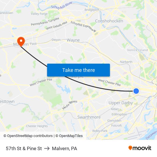 57th St & Pine St to Malvern, PA map
