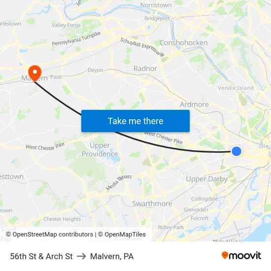 56th St & Arch St to Malvern, PA map