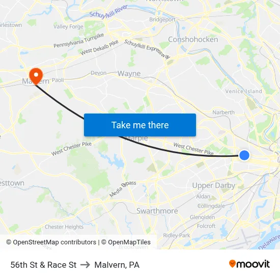 56th St & Race St to Malvern, PA map