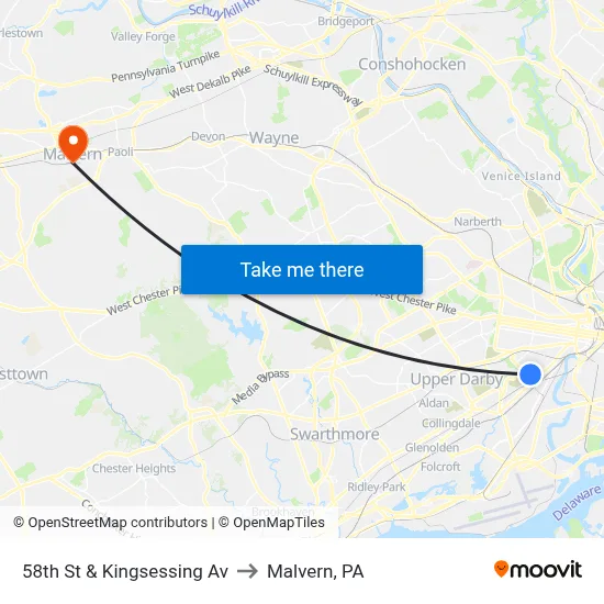 58th St & Kingsessing Av to Malvern, PA map