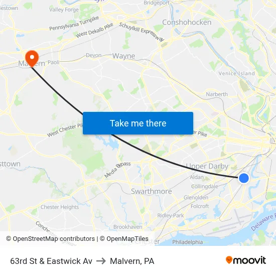 63rd St & Eastwick Av to Malvern, PA map