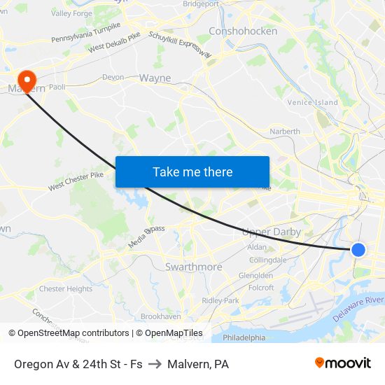 Oregon Av & 24th St - Fs to Malvern, PA map