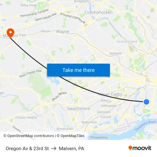 Oregon Av & 23rd St to Malvern, PA map