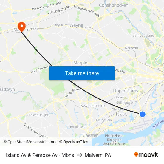 Island Av & Penrose Av - Mbns to Malvern, PA map