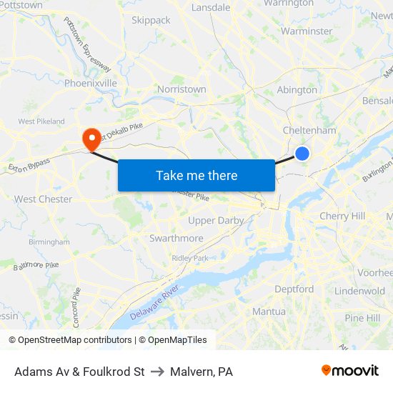 Adams Av & Foulkrod St to Malvern, PA map