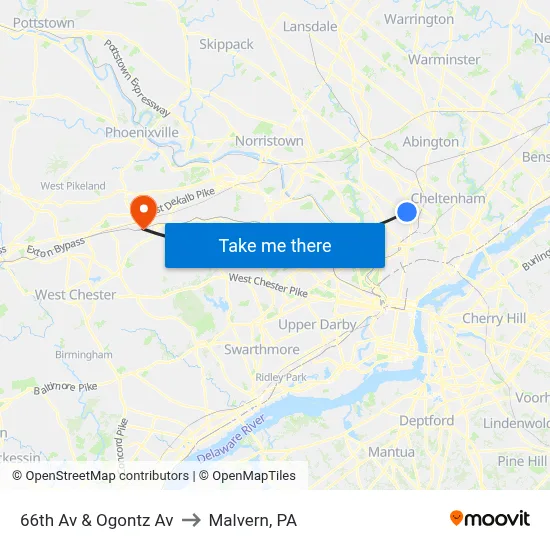 66th Av & Ogontz Av to Malvern, PA map