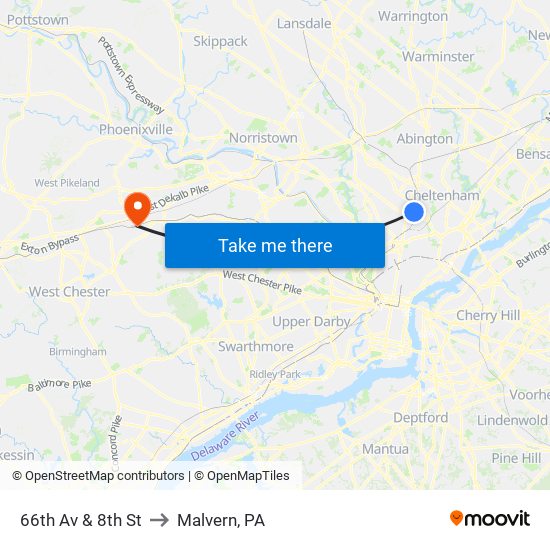 66th Av & 8th St to Malvern, PA map