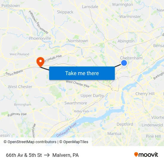 66th Av & 5th St to Malvern, PA map