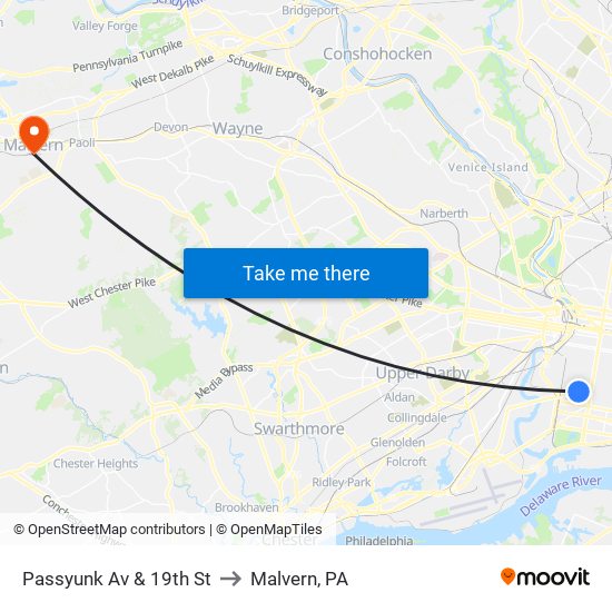 Passyunk Av & 19th St to Malvern, PA map