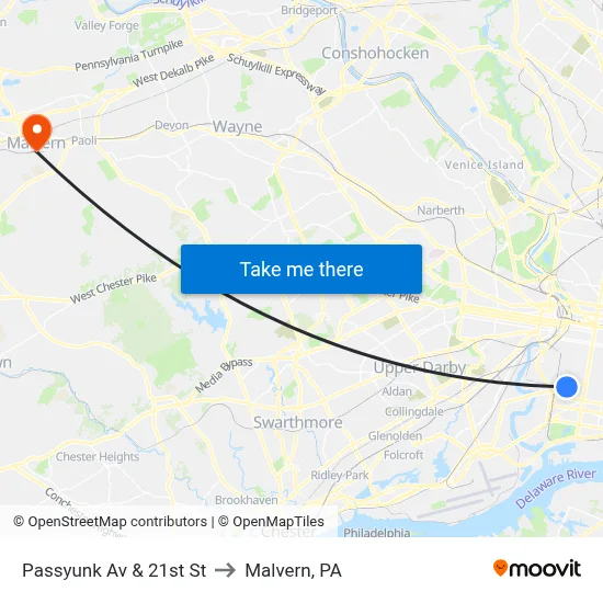 Passyunk Av & 21st St to Malvern, PA map