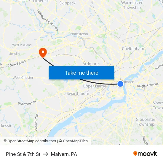 Pine St & 7th St to Malvern, PA map
