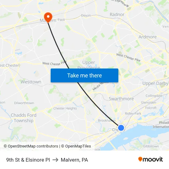9th St & Elsinore Pl to Malvern, PA map