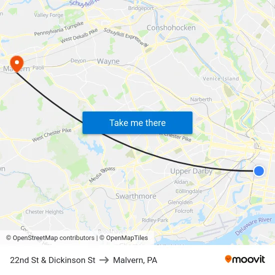 22nd St & Dickinson St to Malvern, PA map