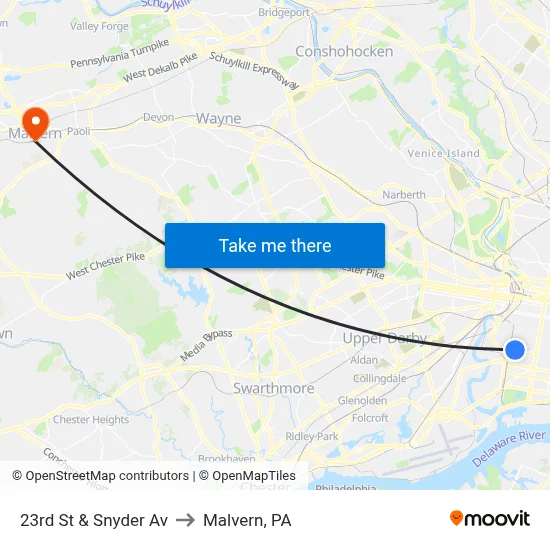 23rd St & Snyder Av to Malvern, PA map